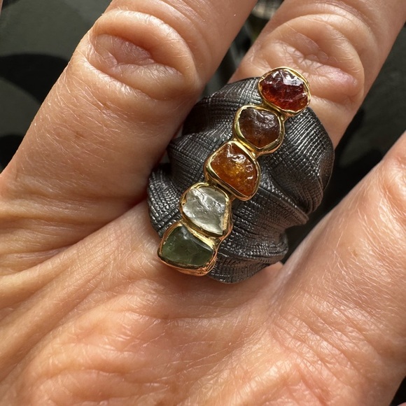 German Kabirski Sterling Silver and 14 k Gold Accent Multi Gemstone Ring - Picture 1 of 12